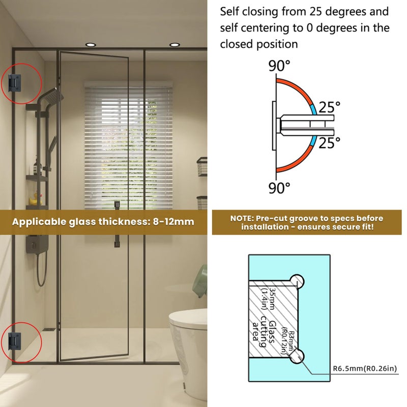 Alise Glass Shower Door Hinges, 90 Degree Hinges for Bathroom Doors,Heavy Duty Stainless Steel Cabinet Hinge Wall to Glass,Frameless Shower Doors Hardware Replacement Part,Black (1P) - Image 4